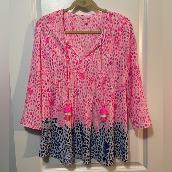 Lilly Pulitzer Marilina Raz Berry Blue and Hot Pink 3/4 Sleeve Blouse Sz M - Picture 2 of 7